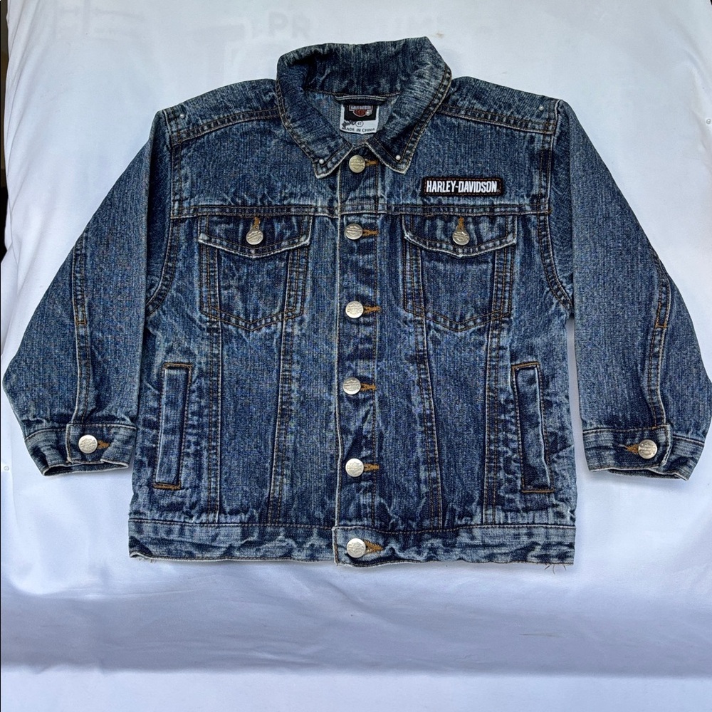 VINTAGE LIKE NEW! HARLEY-DAVIDSON DENIM BLUE JEANS JACKET & HEADWRAP SIZE 4T - Picture 5 of 16